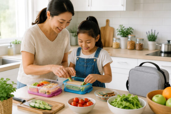A mother and child prepare healthy lunches in a kitchen, placing food into containers beside fresh vegetables, fruit, and a lunch bag on the counter.